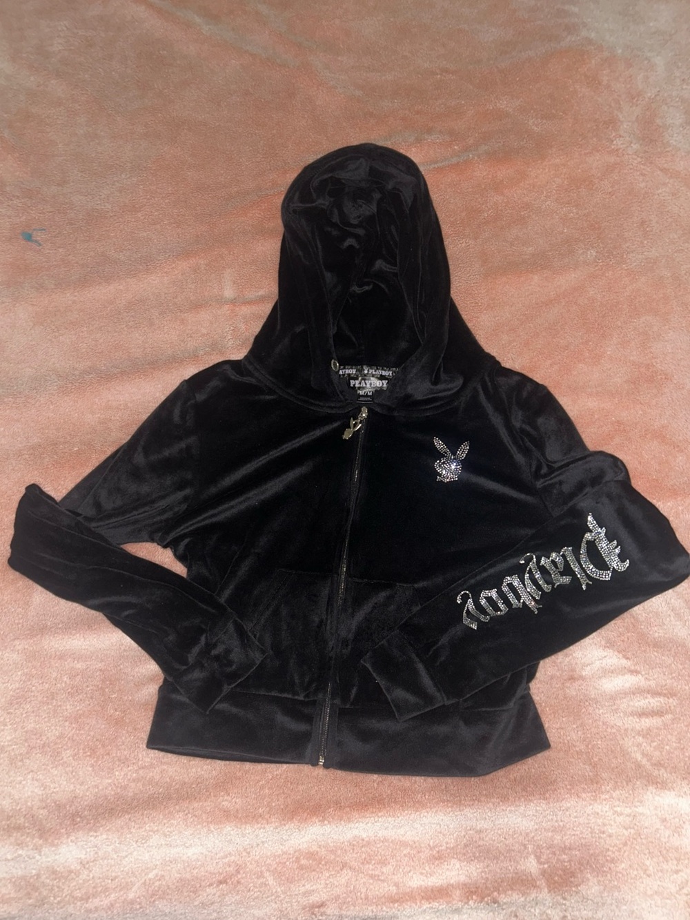 PLAYBOY Black Velour Zip-Up Hoodie with Rhinestone Logo